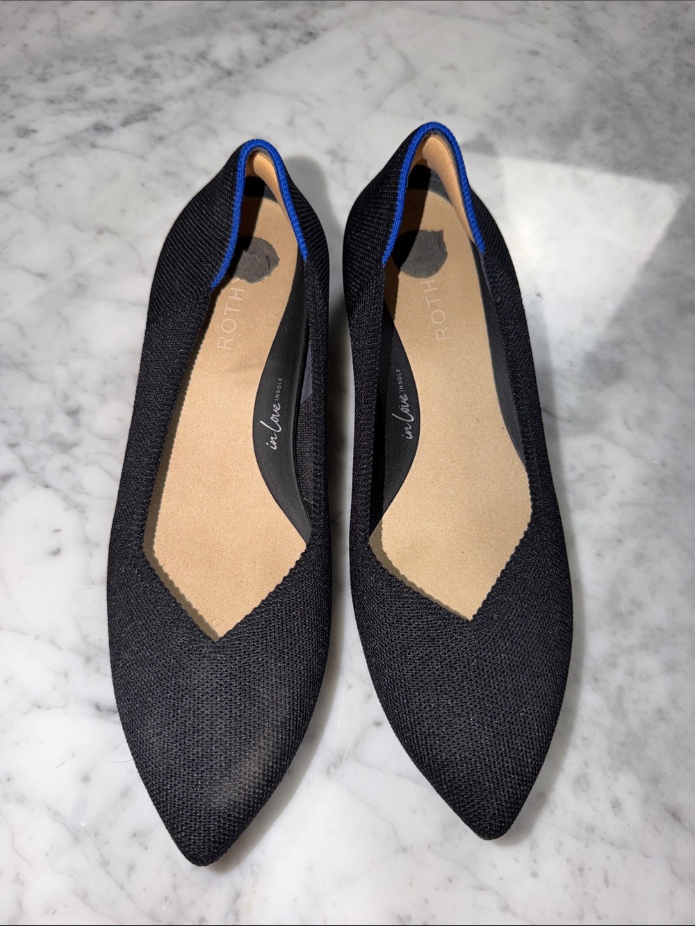 Rothy's Pointed Knit Black with Blue Trim